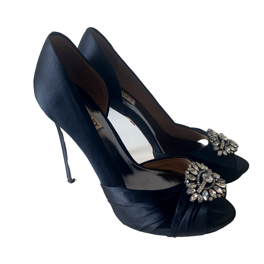 Badgley Mischka D'Orsay Pump Platform Black Satin Peep Toe Embellished Crystal 8 - Picture 2 of 10
